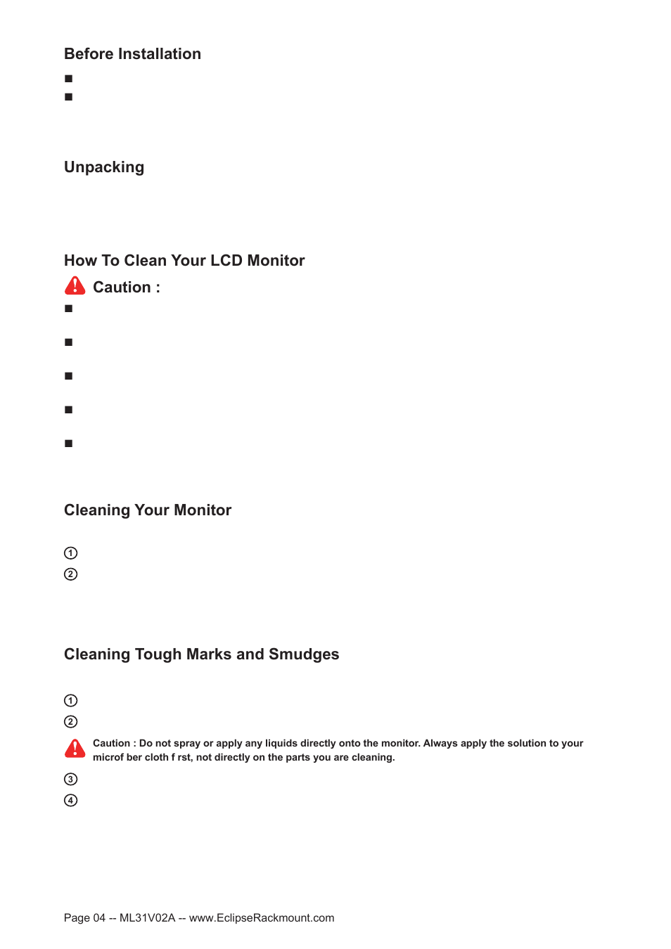 Cleaning your monitor, Cleaning tough marks and smudges | Eclipse Rackmount MP Series User Manual | Page 4 / 23