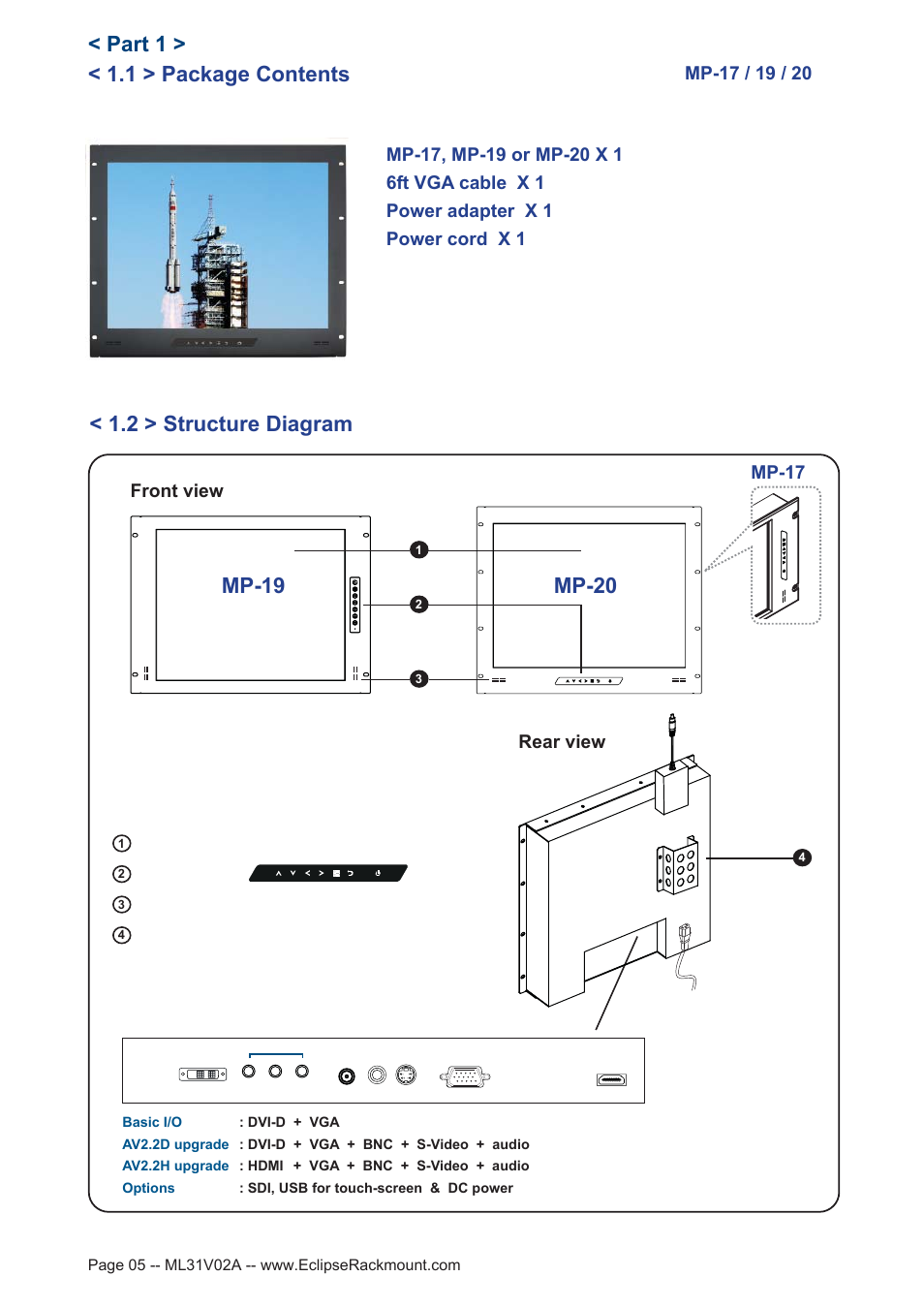 1 > package contents, Part 1, 2 > structure diagram | Mp-19 mp-20, Front view rear view, Mp-17 | Eclipse Rackmount MP Series User Manual | Page 5 / 23