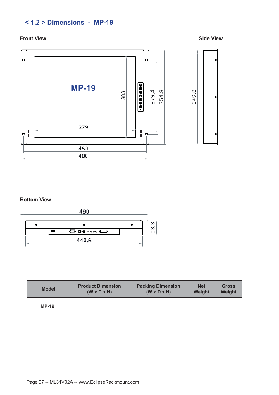 Mp-19, 2 > dimensions - mp-19 | Eclipse Rackmount MP Series User Manual | Page 7 / 23