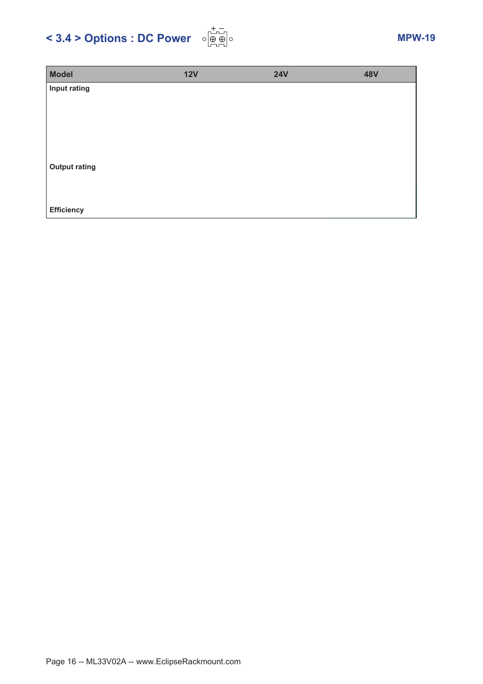 4 > options : dc power, Mpw-19 | Eclipse Rackmount MPW Series User Manual | Page 16 / 18