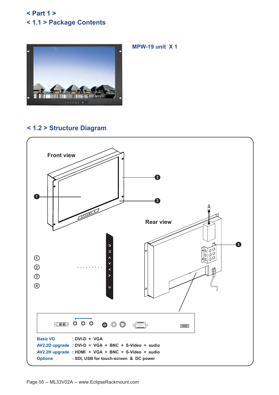 1 > package contents, Part 1, 2 > structure diagram | Front view rear view | Eclipse Rackmount MPW Series User Manual | Page 5 / 18