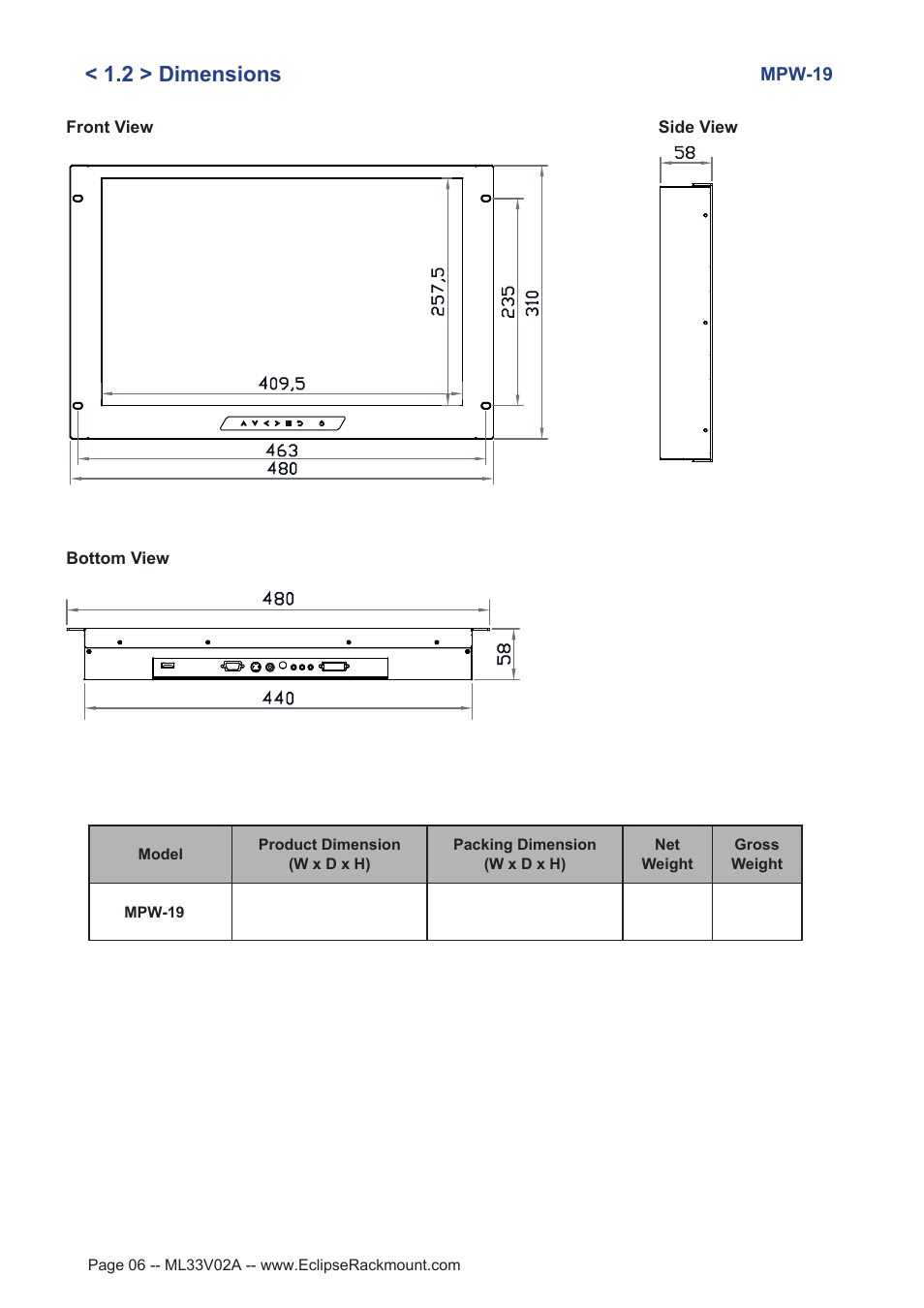 2 > dimensions | Eclipse Rackmount MPW Series User Manual | Page 6 / 18
