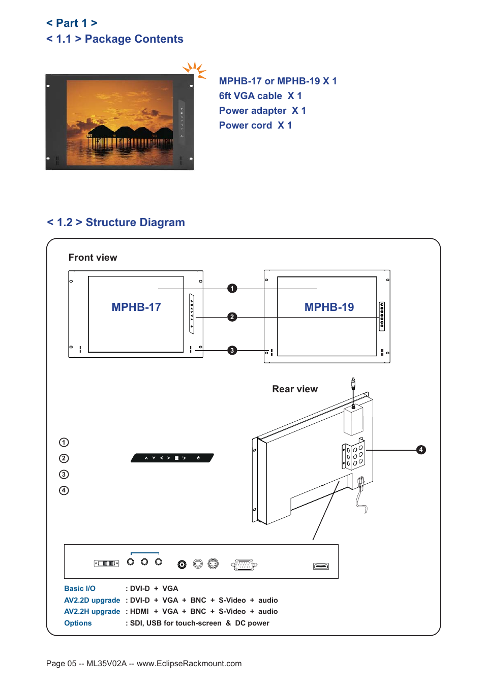 1 > package contents, Part 1, 2 > structure diagram | Mphb-17 mphb-19, Front view rear view | Eclipse Rackmount MPHB Series User Manual | Page 5 / 19