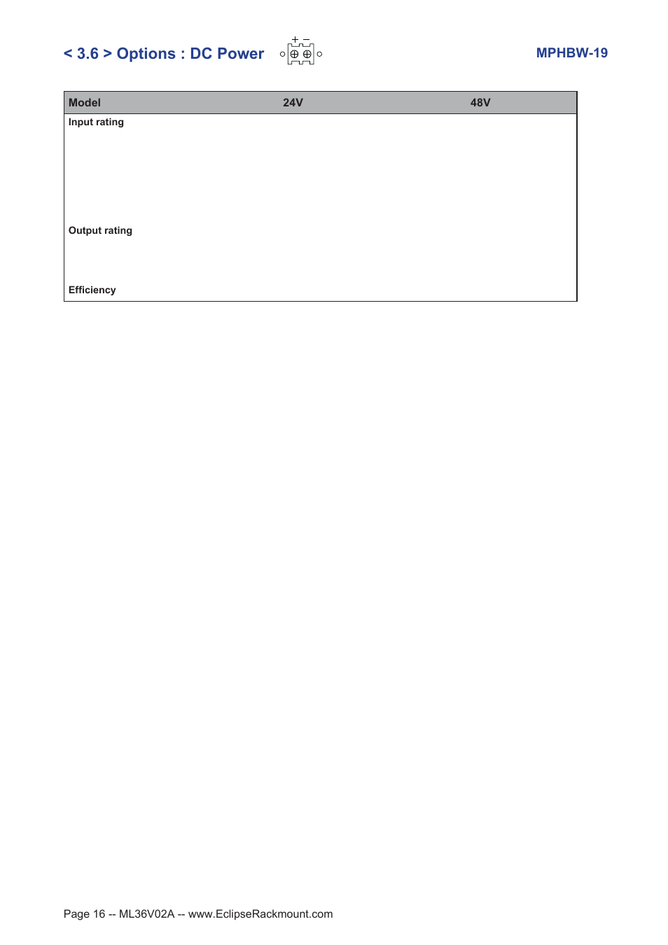 6 > options : dc power, Mphbw-19 | Eclipse Rackmount MPHBW Series User Manual | Page 16 / 18