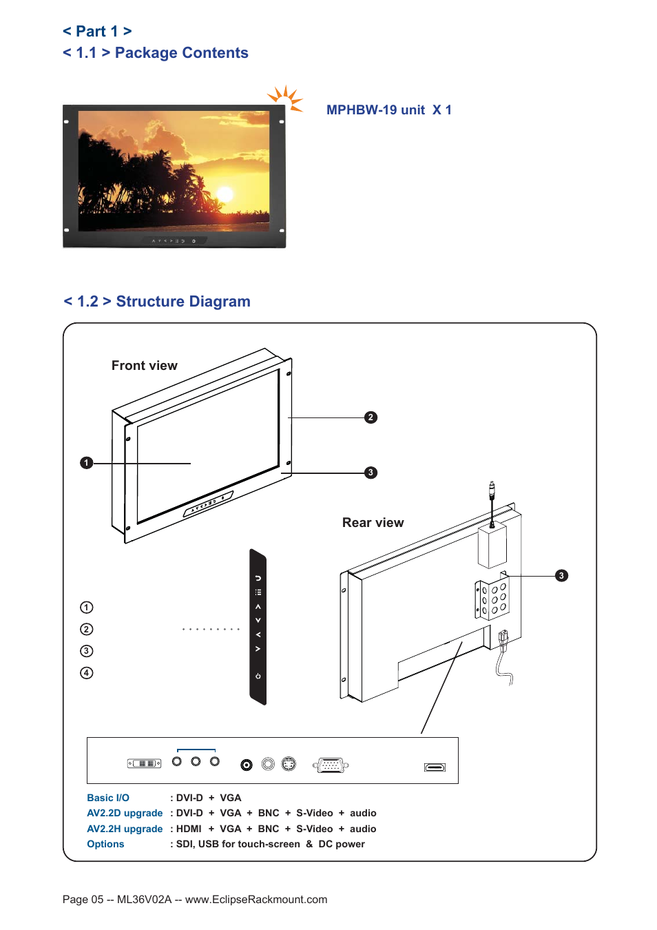 1 > package contents, Part 1, 2 > structure diagram | Front view rear view | Eclipse Rackmount MPHBW Series User Manual | Page 5 / 18
