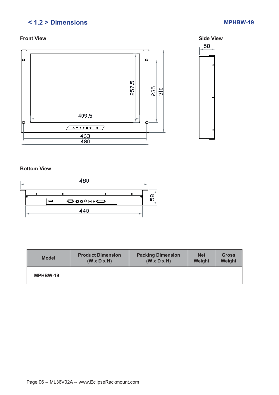 2 > dimensions | Eclipse Rackmount MPHBW Series User Manual | Page 6 / 18