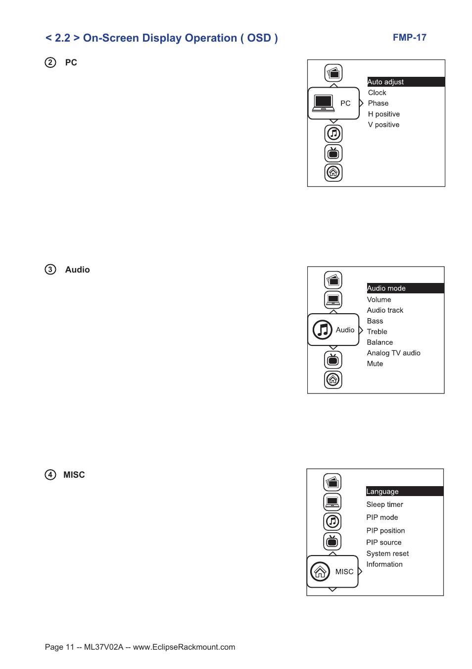 2 > on-screen display operation ( osd ), Fmp-17 | Eclipse Rackmount FMP-17 User Manual | Page 11 / 20