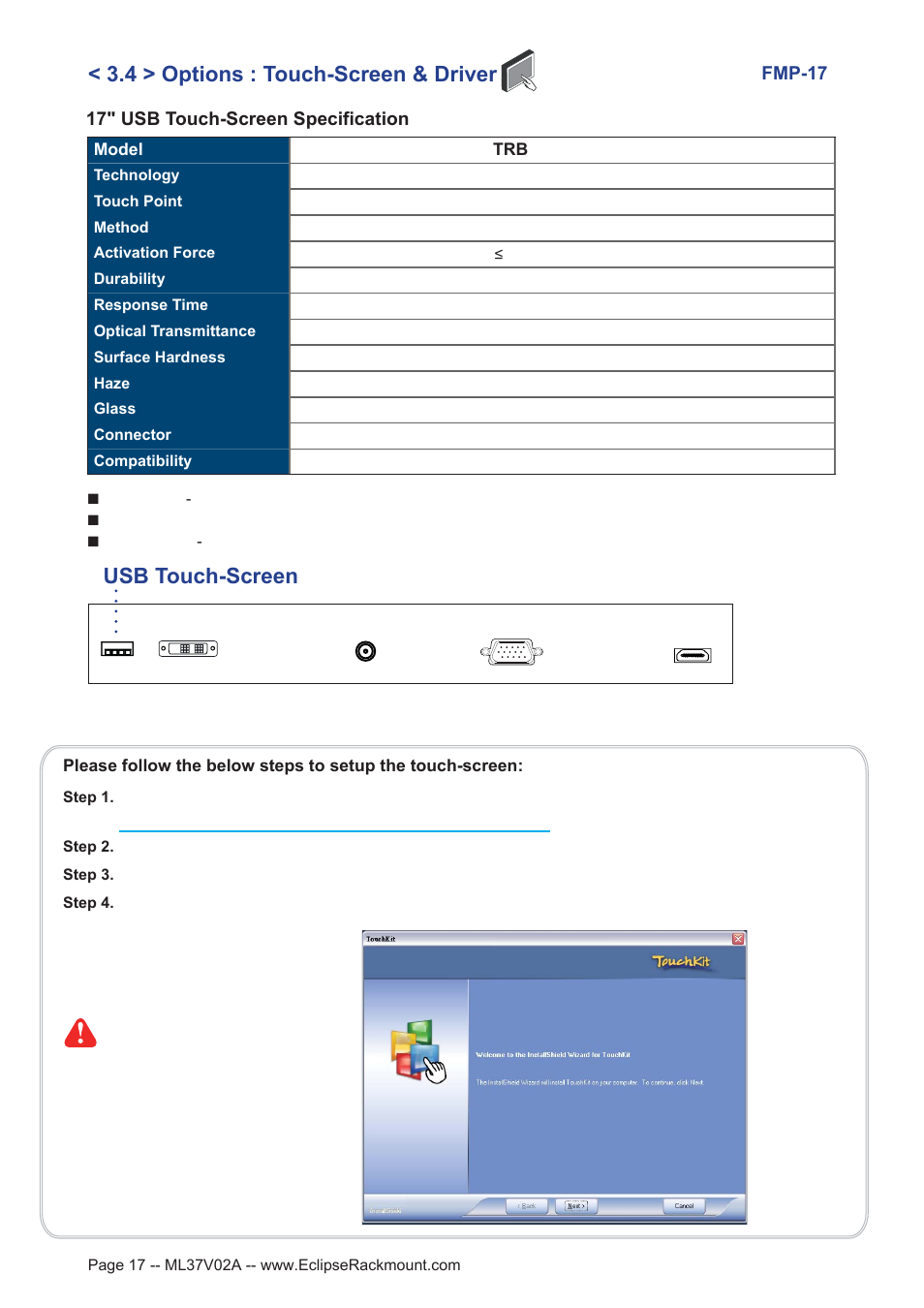 Usb touch-screen, 4 > options : touch-screen & driver | Eclipse Rackmount FMP-17 User Manual | Page 17 / 20