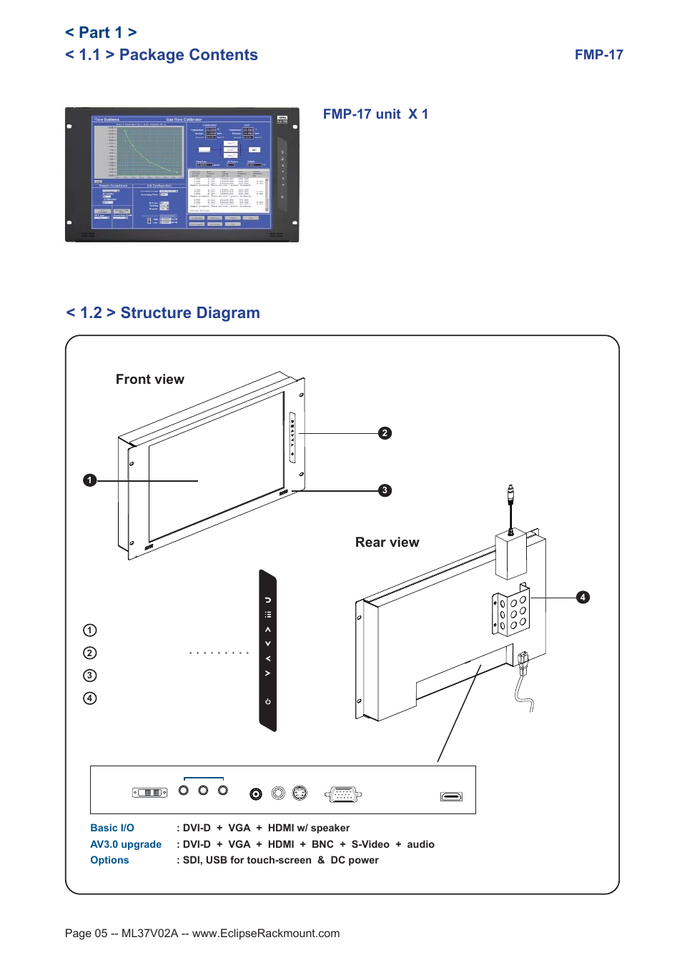 1 > package contents, Part 1, 2 > structure diagram | Fmp-17, Front view rear view | Eclipse Rackmount FMP-17 User Manual | Page 5 / 20