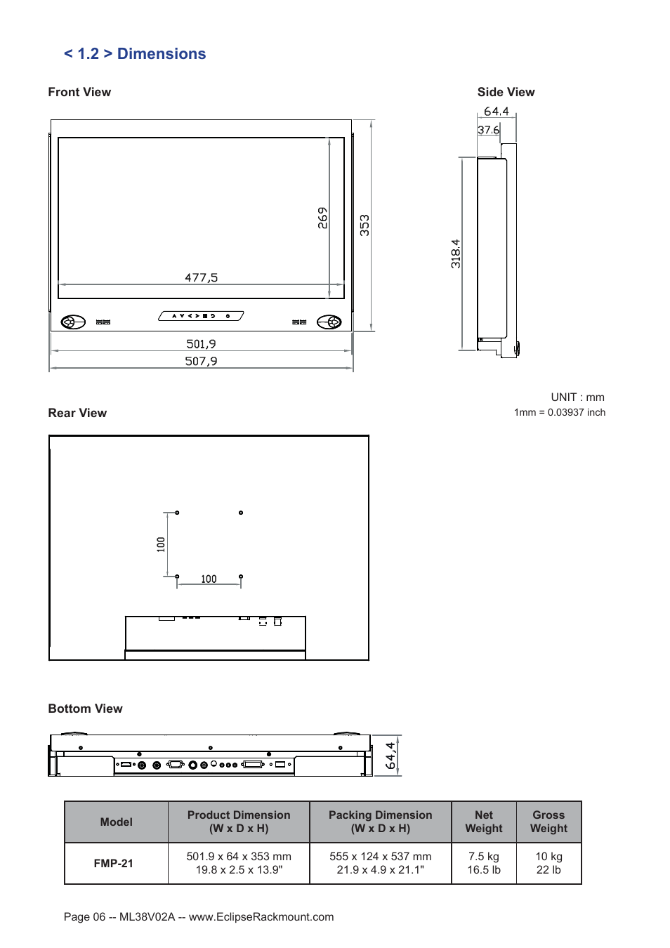 2 > dimensions | Eclipse Rackmount FMP-21 User Manual | Page 6 / 21