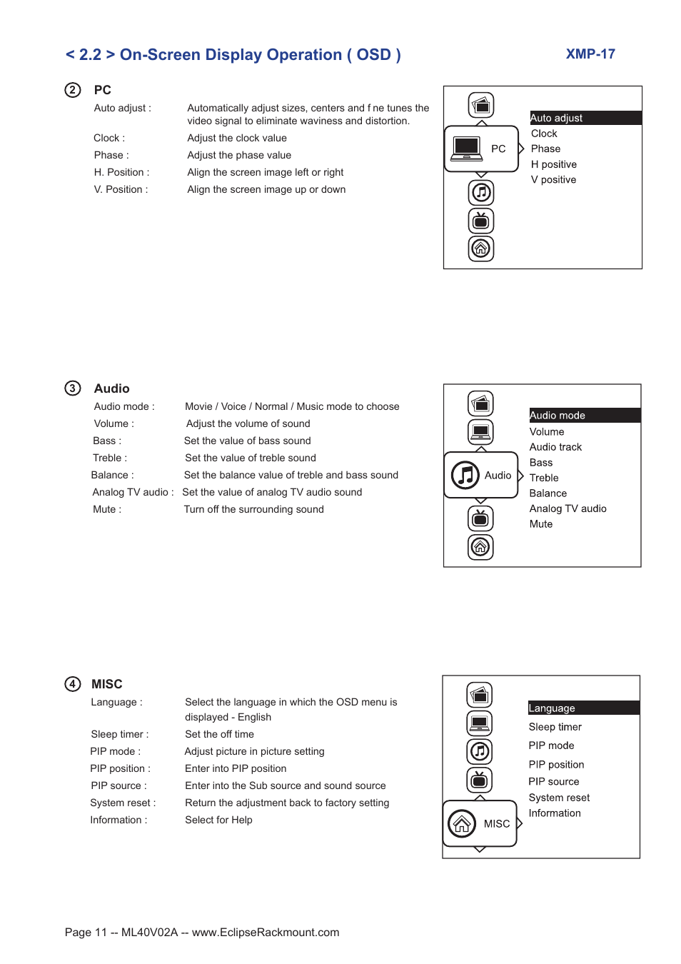 2 > on-screen display operation ( osd ), Xmp-17 | Eclipse Rackmount XMP Series User Manual | Page 11 / 19