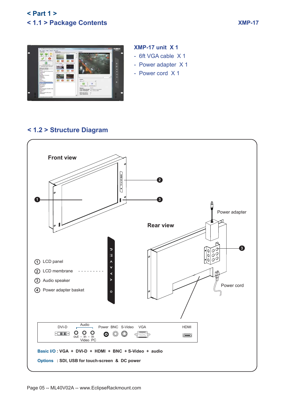 1 > package contents, Part 1, 2 > structure diagram | Xmp-17, Front view rear view | Eclipse Rackmount XMP Series User Manual | Page 5 / 19
