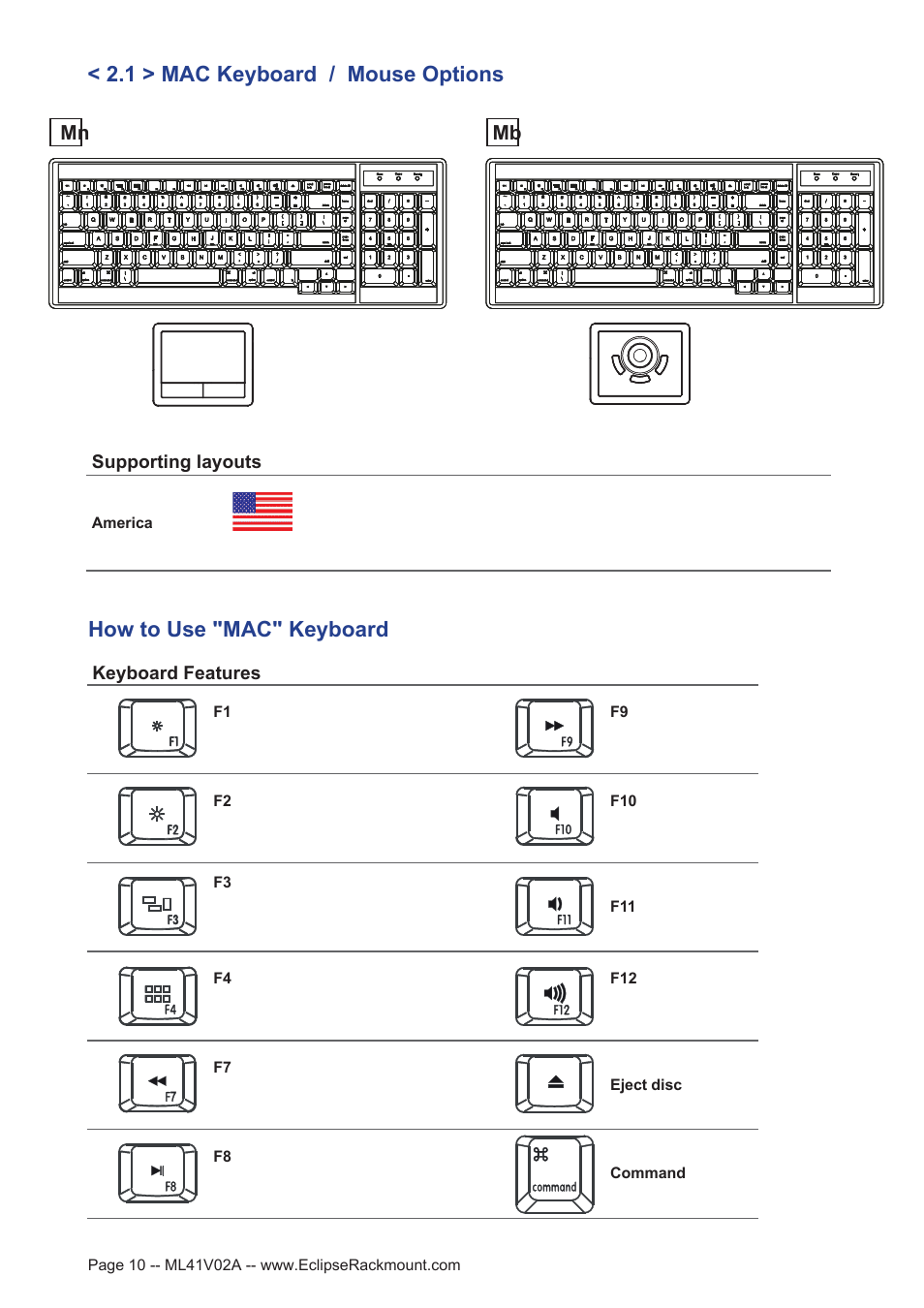 1 > mac keyboard / mouse options, How to use "mac" keyboard, Keyboard features | Supporting layouts | Eclipse Rackmount KD1 Series User Manual | Page 10 / 12