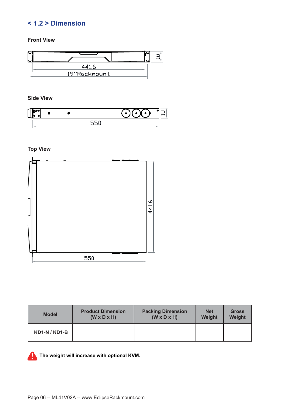 2 > dimension | Eclipse Rackmount KD1 Series User Manual | Page 6 / 12