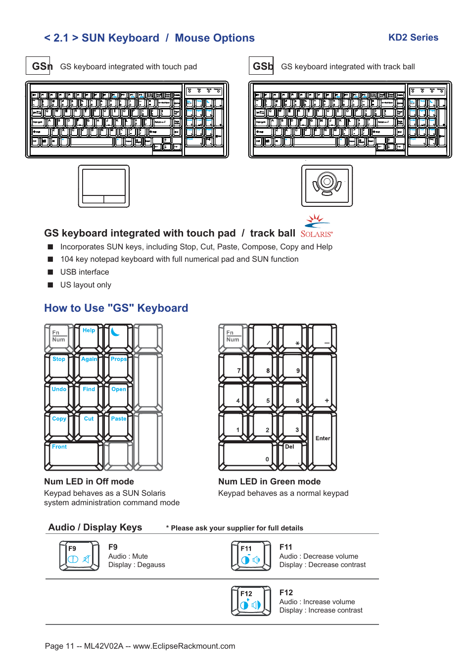 1 > sun keyboard / mouse options, How to use "gs" keyboard, Gs keyboard integrated with touch pad / track ball | Audio / display keys, Kd2 series | Eclipse Rackmount KD2 Series User Manual | Page 11 / 12