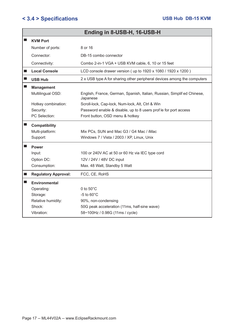 4 > specifications ending in 8-usb-h, 16-usb-h | Eclipse Rackmount USB KVM with Hub User Manual | Page 17 / 23