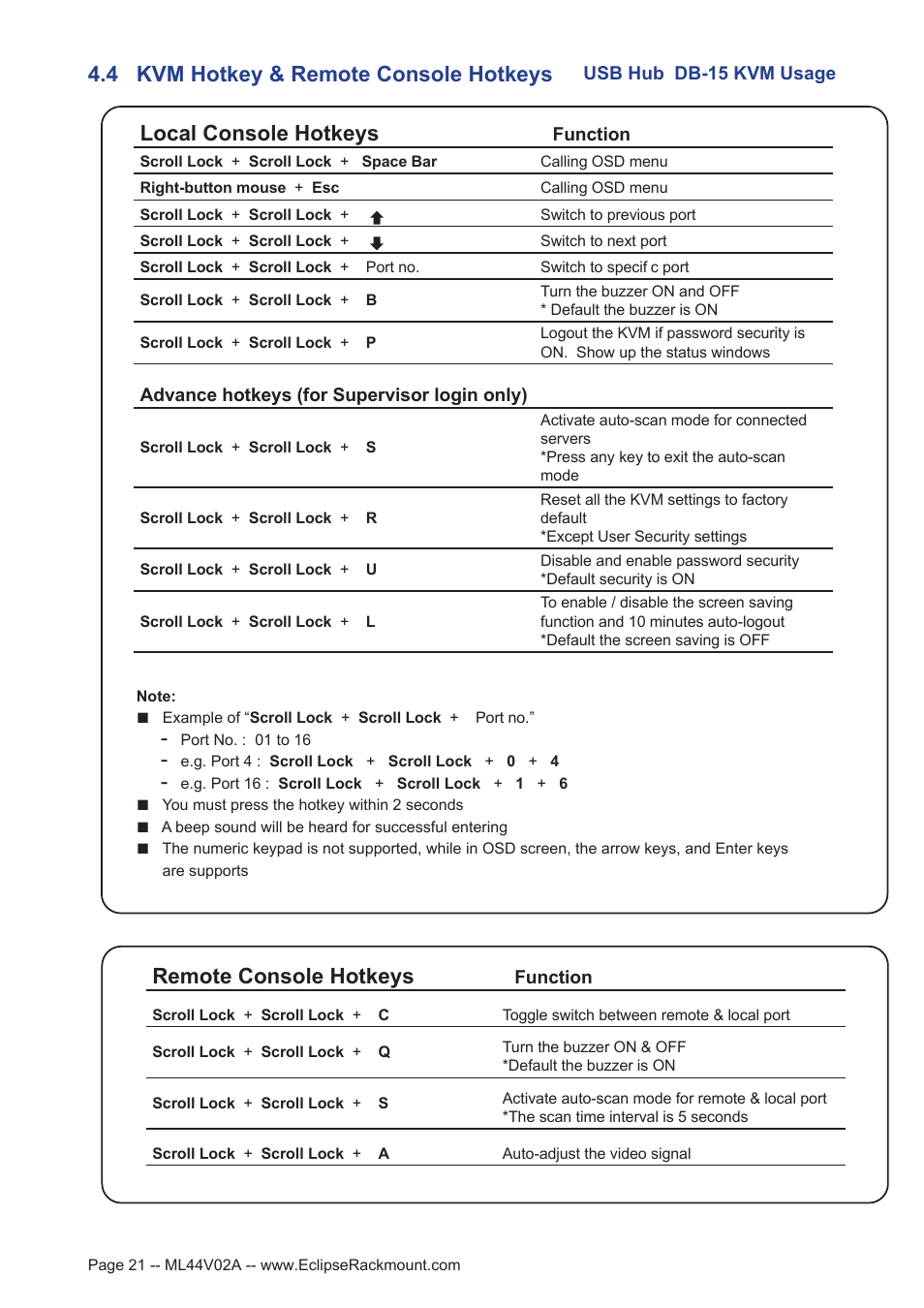 4 kvm hotkey & remote console hotkeys, Local console hotkeys, Remote console hotkeys | Eclipse Rackmount USB KVM with Hub User Manual | Page 21 / 23