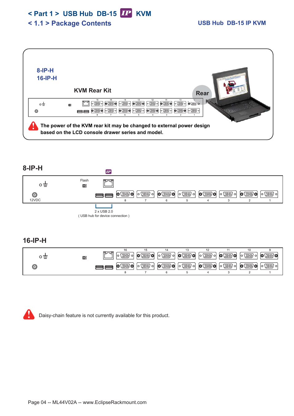 Ip-h 16-ip-h, 1 > package contents, Part 1 > usb hub db-15 kvm | Eclipse Rackmount USB KVM with Hub User Manual | Page 4 / 23