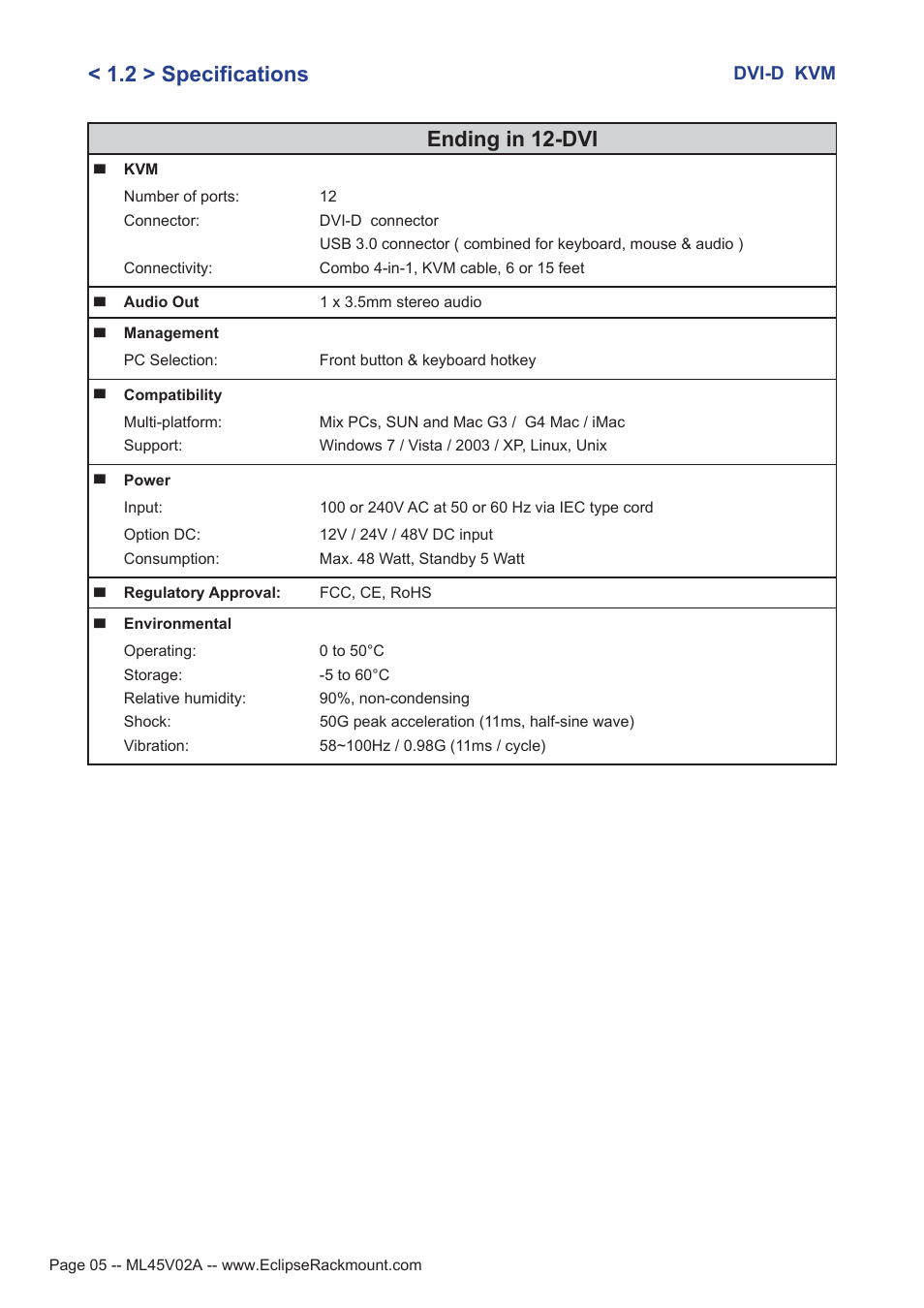 2 > specifications ending in 12-dvi | Eclipse Rackmount DVI-D KVM User Manual | Page 5 / 9