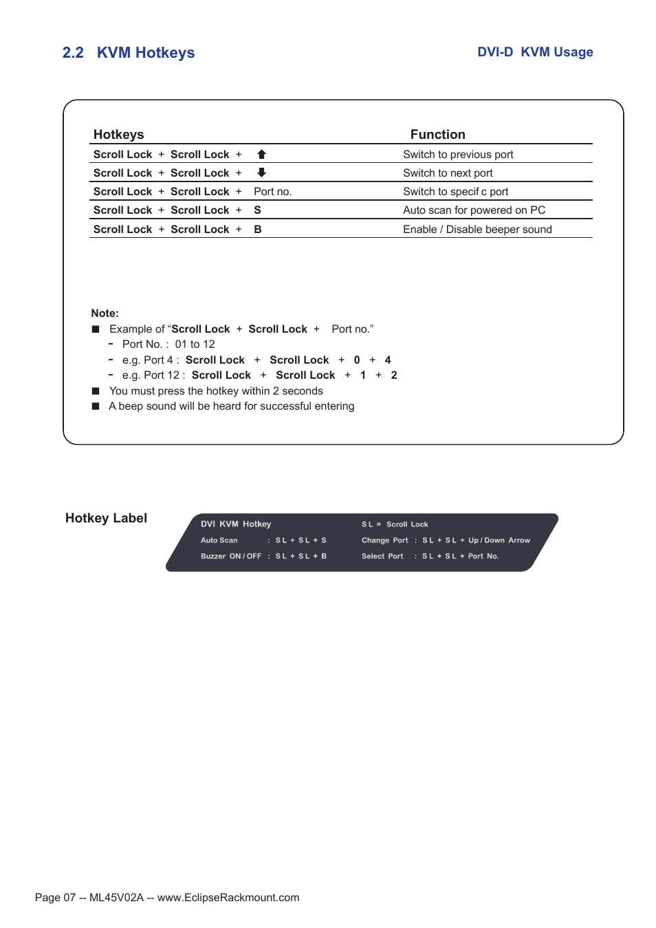 2 kvm hotkeys | Eclipse Rackmount DVI-D KVM User Manual | Page 7 / 9