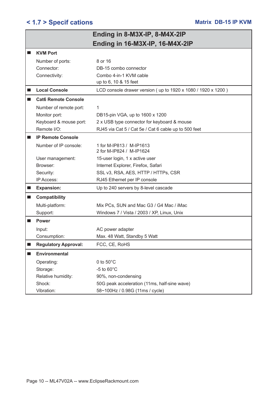 7 > specif cations | Eclipse Rackmount Multi-User Matrix KVM User Manual | Page 10 / 22