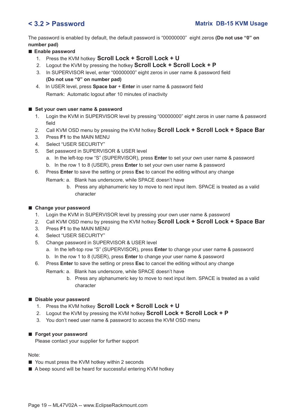 2 > password | Eclipse Rackmount Multi-User Matrix KVM User Manual | Page 19 / 22