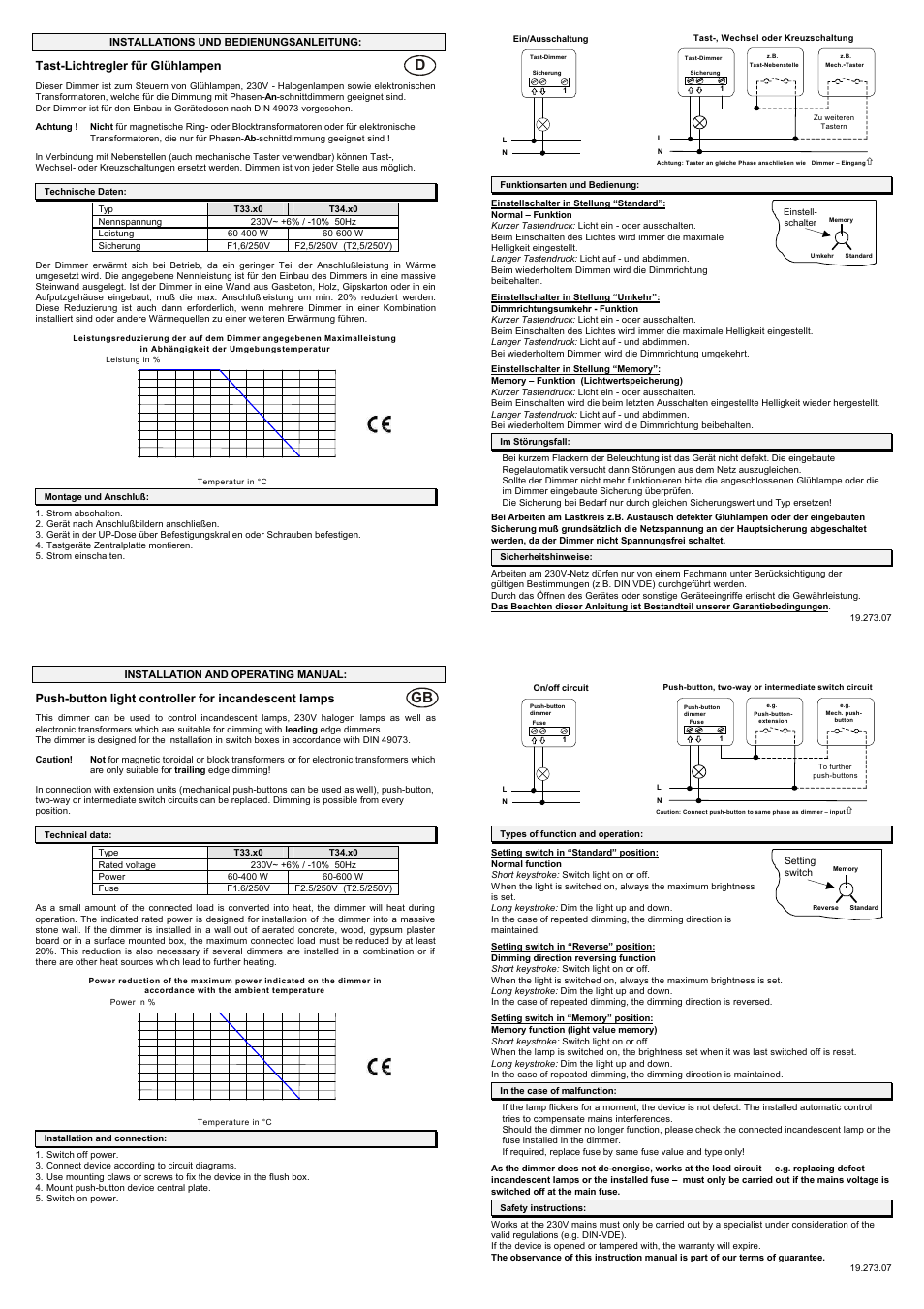 Ehmann Pushbutton leading-edge dimmer for incandescent lamps User Manual | 2 pages