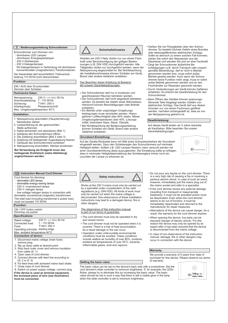 Ehmann Cord dimmer with slide control, on/off switch User Manual | 2 pages