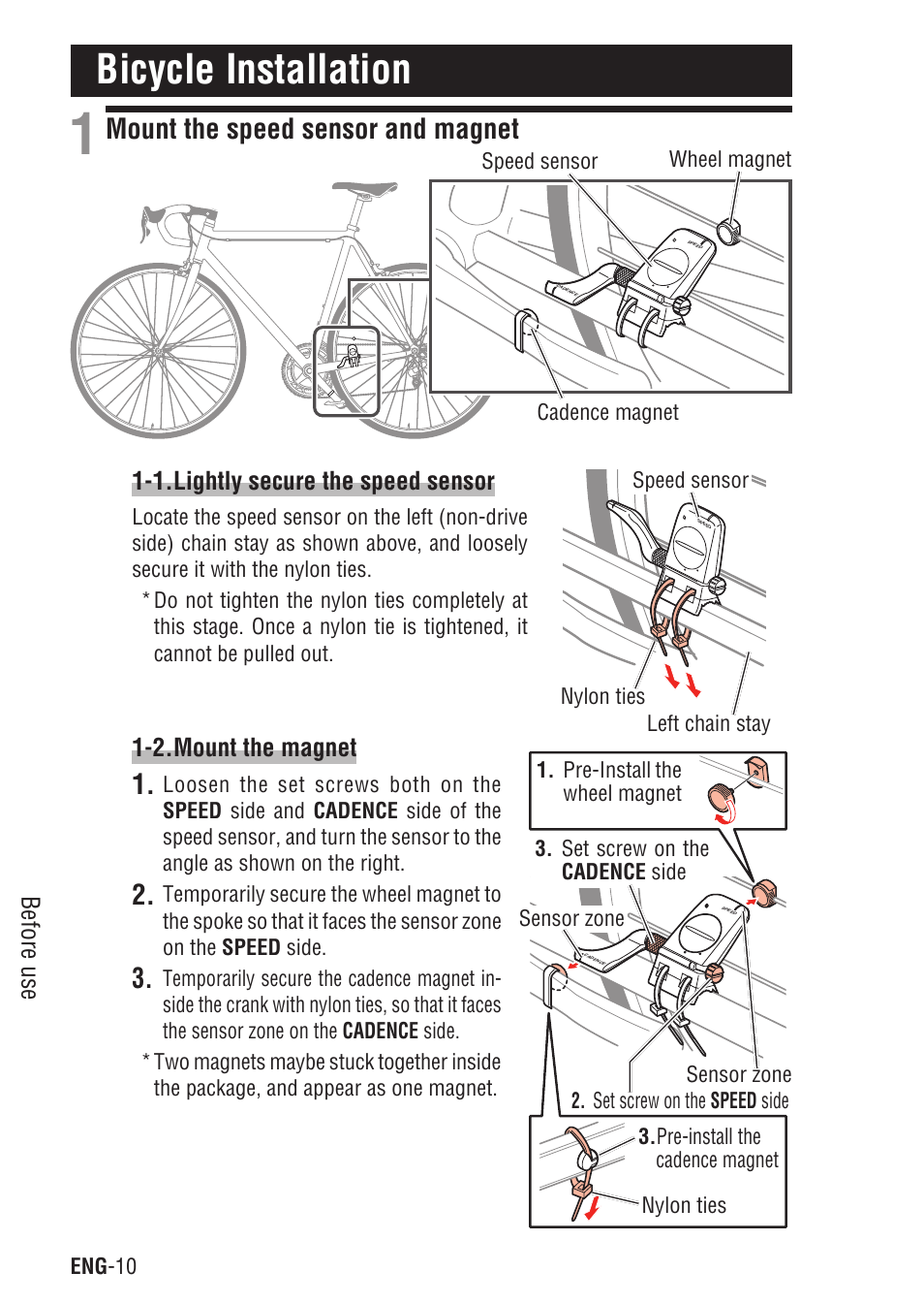 Bicycle installation, Mount the speed sensor and magnet | CatEye Q3A User Manual | Page 11 / 83