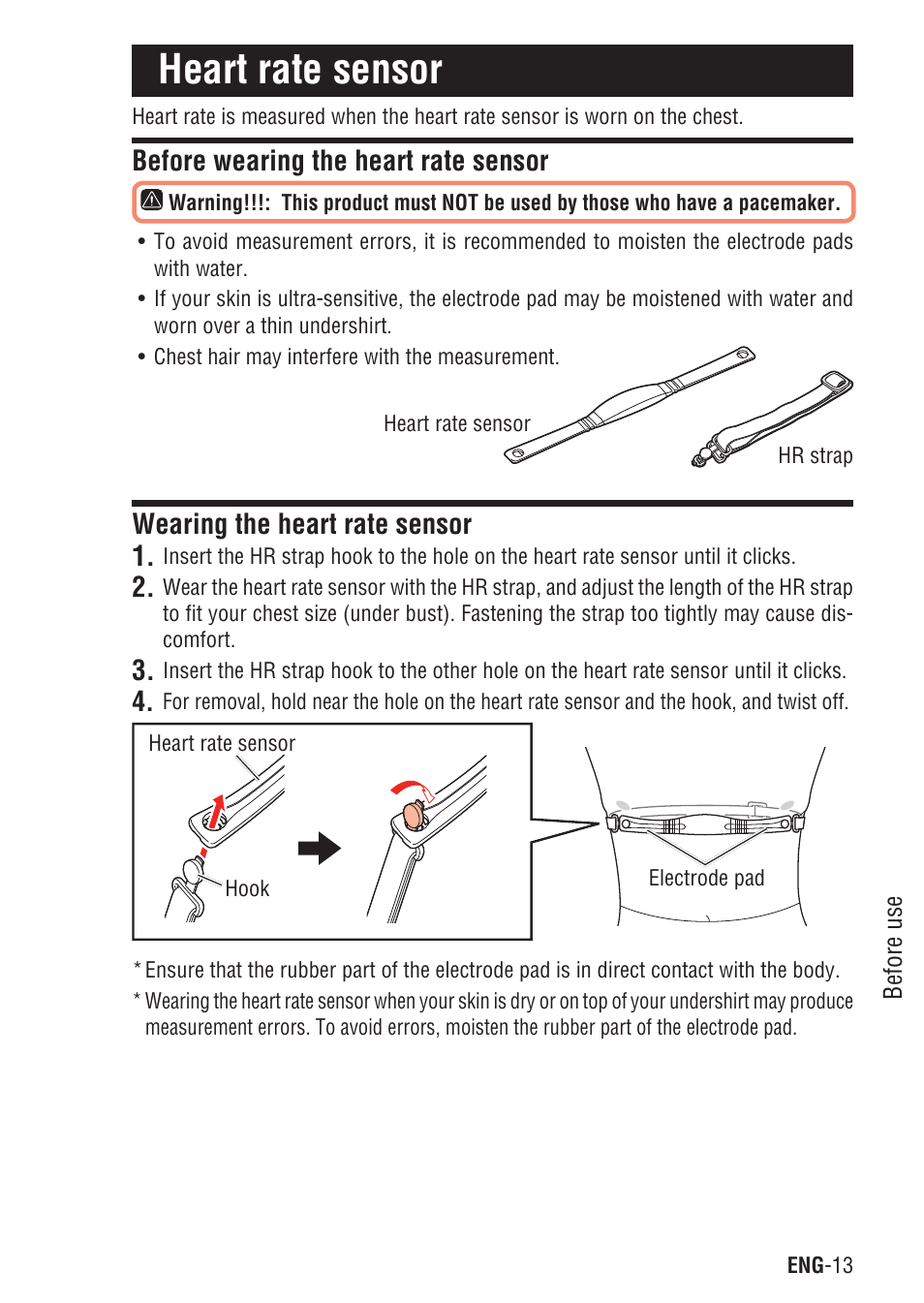 Heart rate sensor, Before wearing the heart rate sensor, Wearing the heart rate sensor | CatEye Q3A User Manual | Page 14 / 83