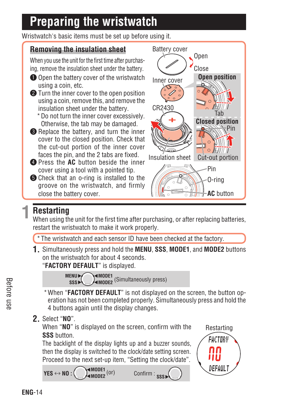 Preparing the wristwatch, Removing the insulation sheet, Restarting | Removing the insulation sheet restarting | CatEye Q3A User Manual | Page 15 / 83