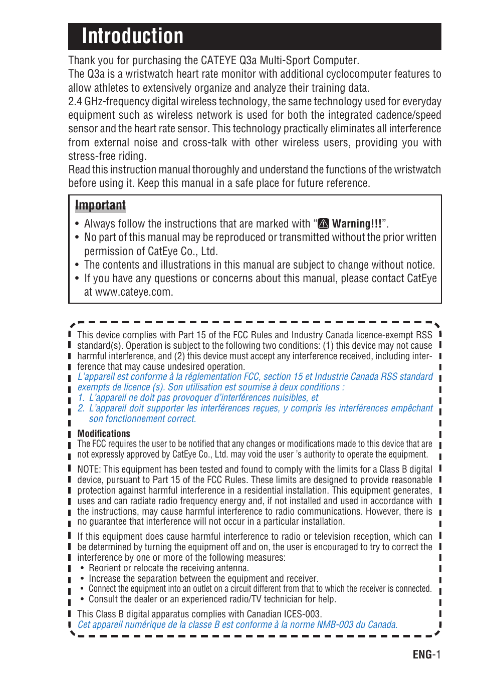 Introduction, Important | CatEye Q3A User Manual | Page 2 / 83
