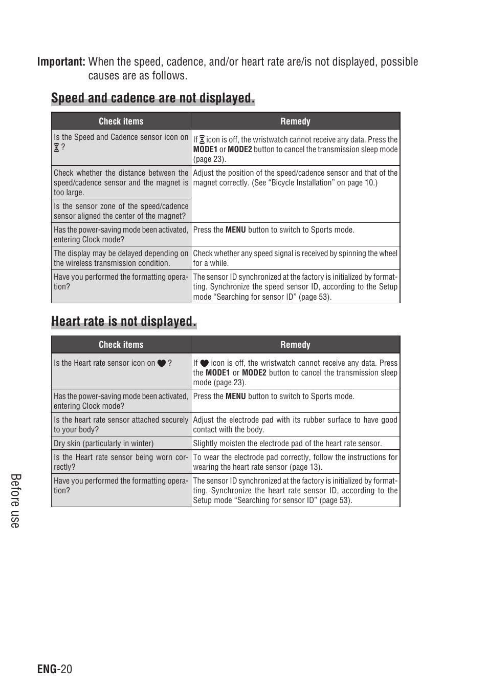 Before use, Speed and cadence are not displayed, Heart rate is not displayed | Eng -20 | CatEye Q3A User Manual | Page 21 / 83