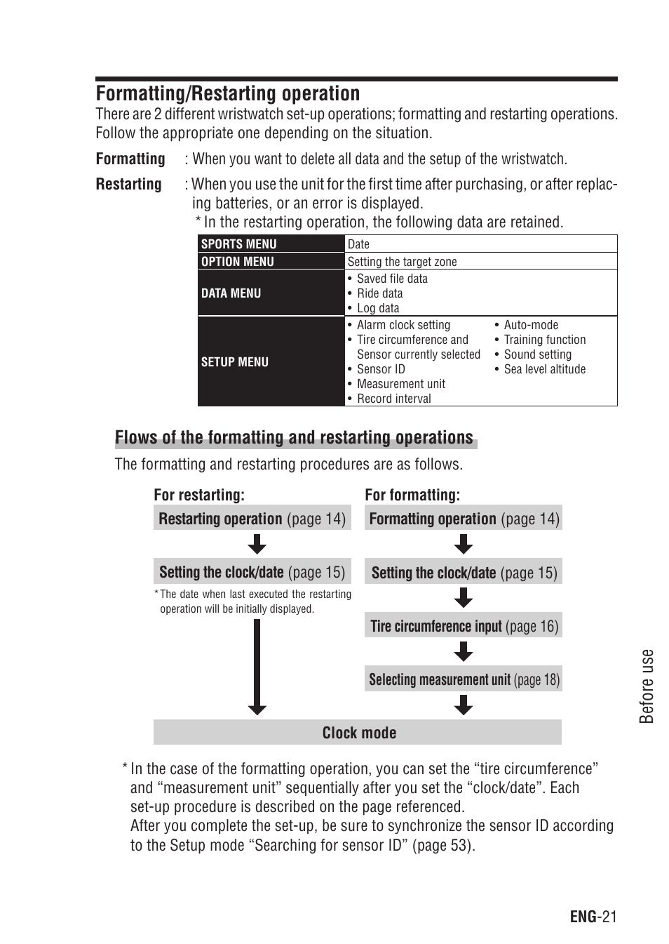 Formatting/restarting operation, Before use, Flows of the formatting and restarting operations | CatEye Q3A User Manual | Page 22 / 83