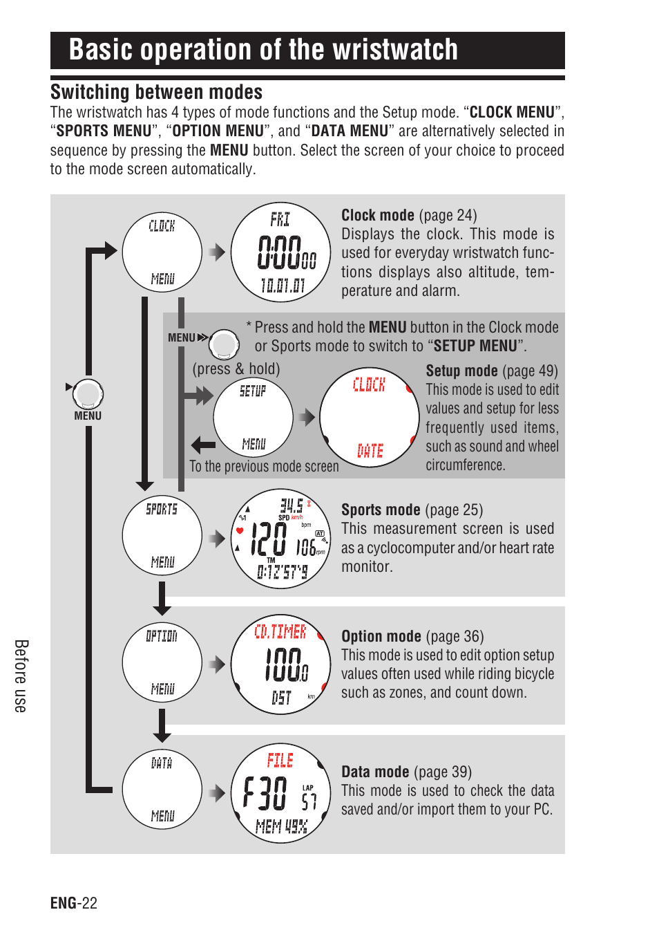 Basic operation of the wristwatch, Switching between modes | CatEye Q3A User Manual | Page 23 / 83