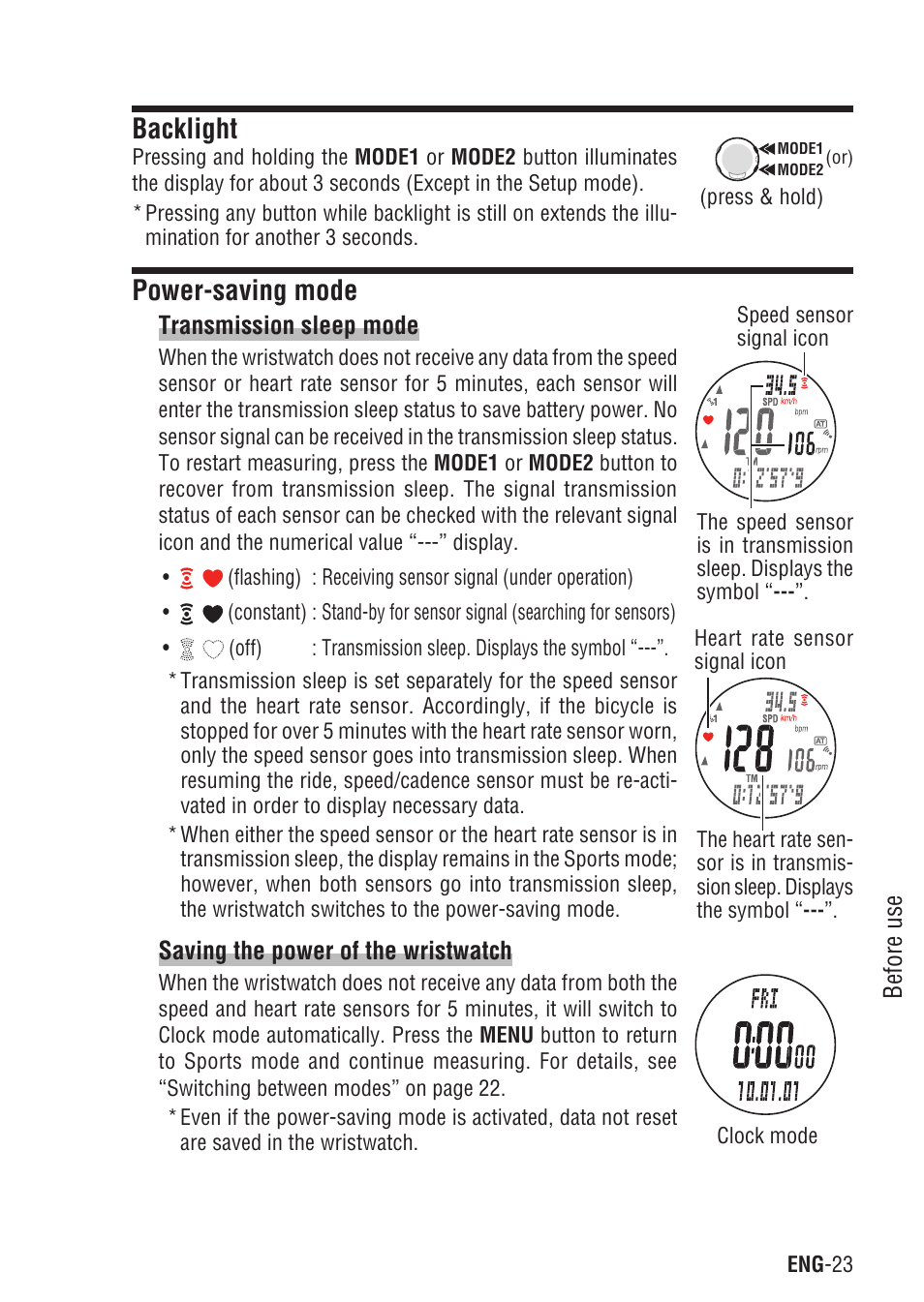Backlight, Power-saving mode, Transmission sleep mode | Saving the power of the wristwatch, Backlight power-saving mode | CatEye Q3A User Manual | Page 24 / 83