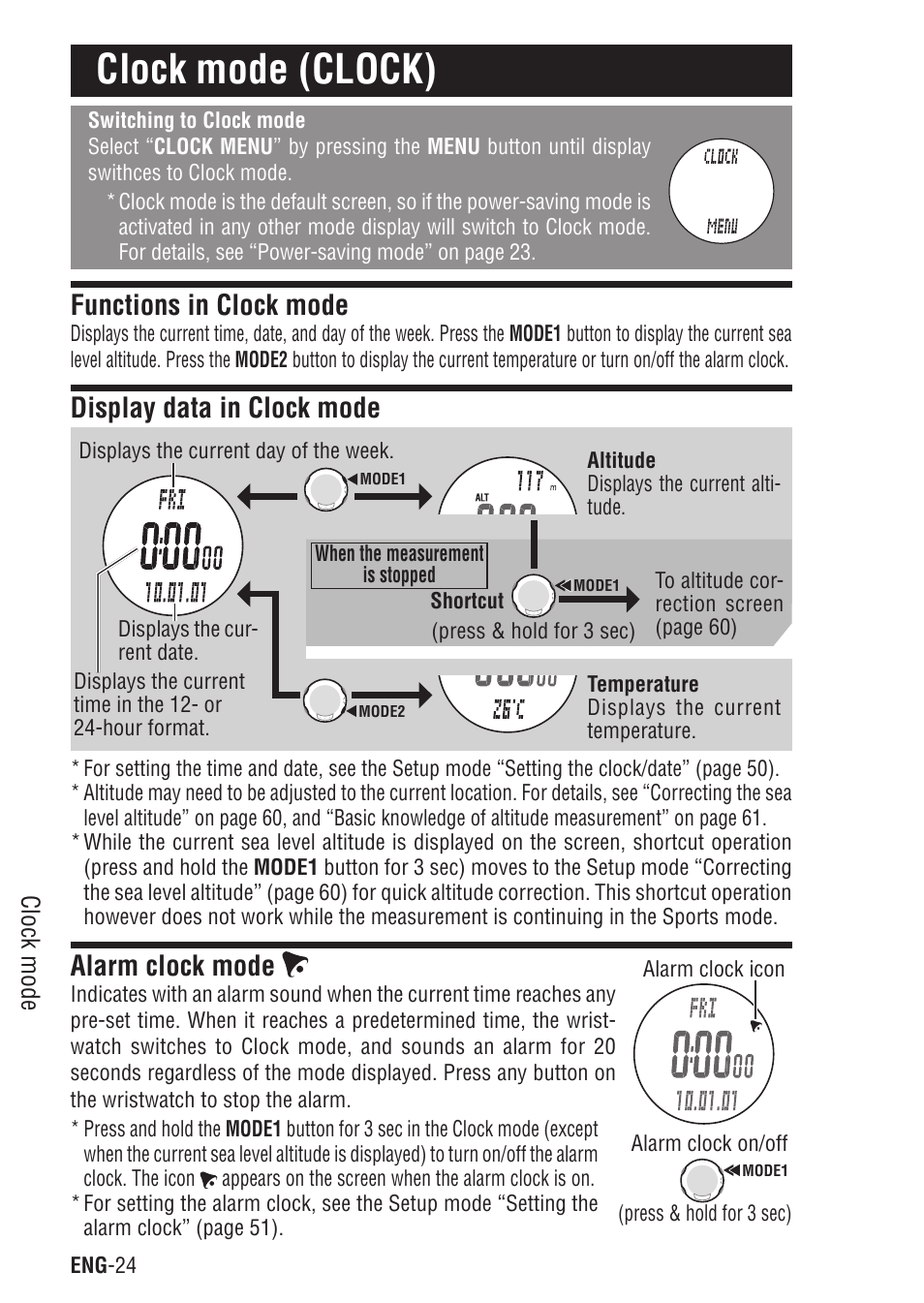 Clock mode (clock), Functions in clock mode, Display data in clock mode | Alarm clock mode | CatEye Q3A User Manual | Page 25 / 83