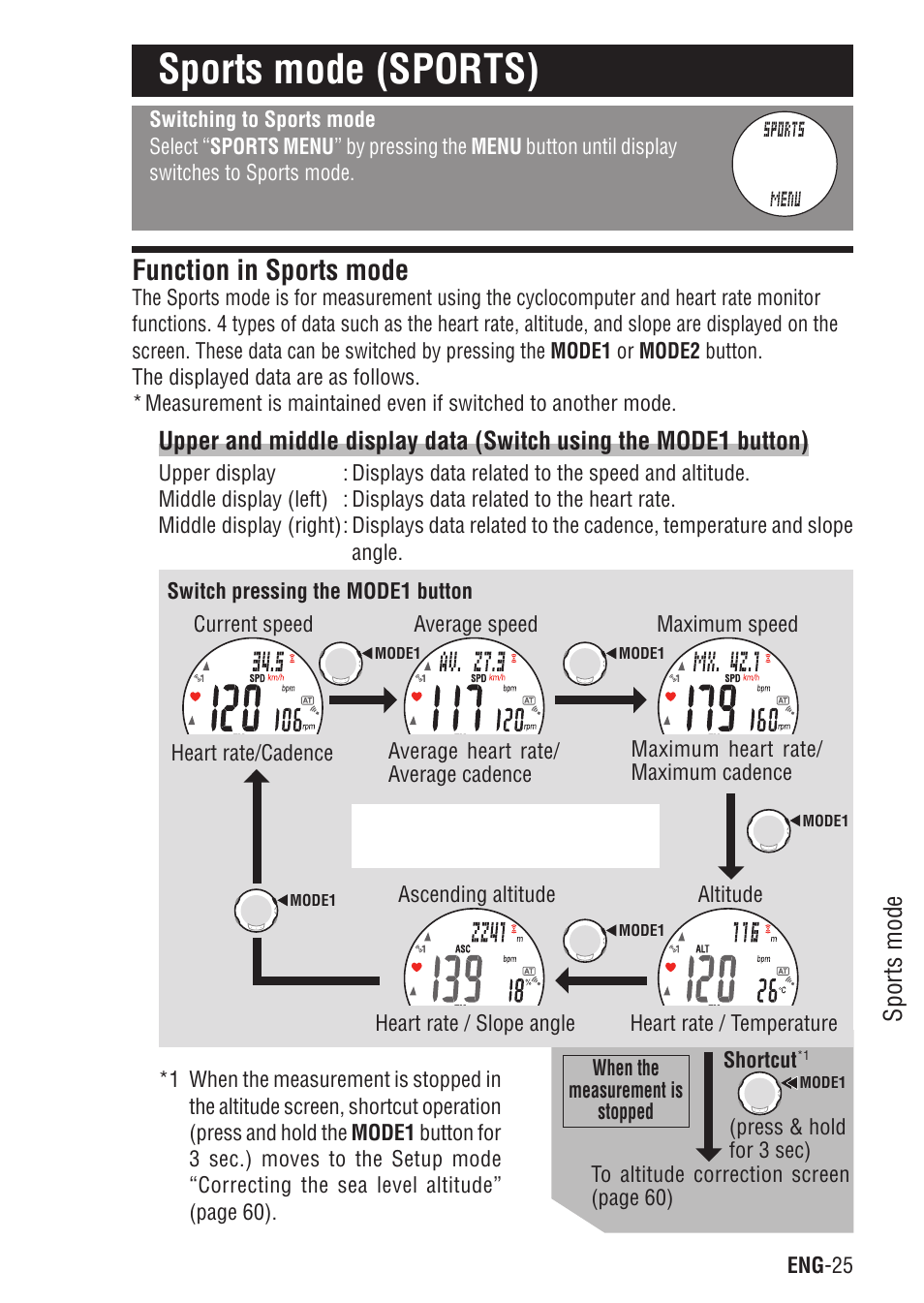 Sports mode (sports), Function in sports mode | CatEye Q3A User Manual | Page 26 / 83