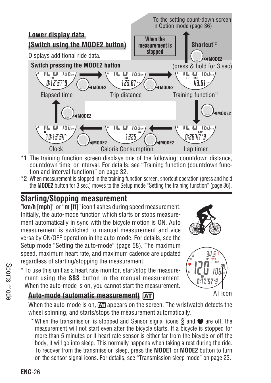 Lower display data (switch using the mode2 button), Starting/stopping measurement, Lower display data starting/stopping | Measurement, Auto-mode (automatic measurement) | CatEye Q3A User Manual | Page 27 / 83