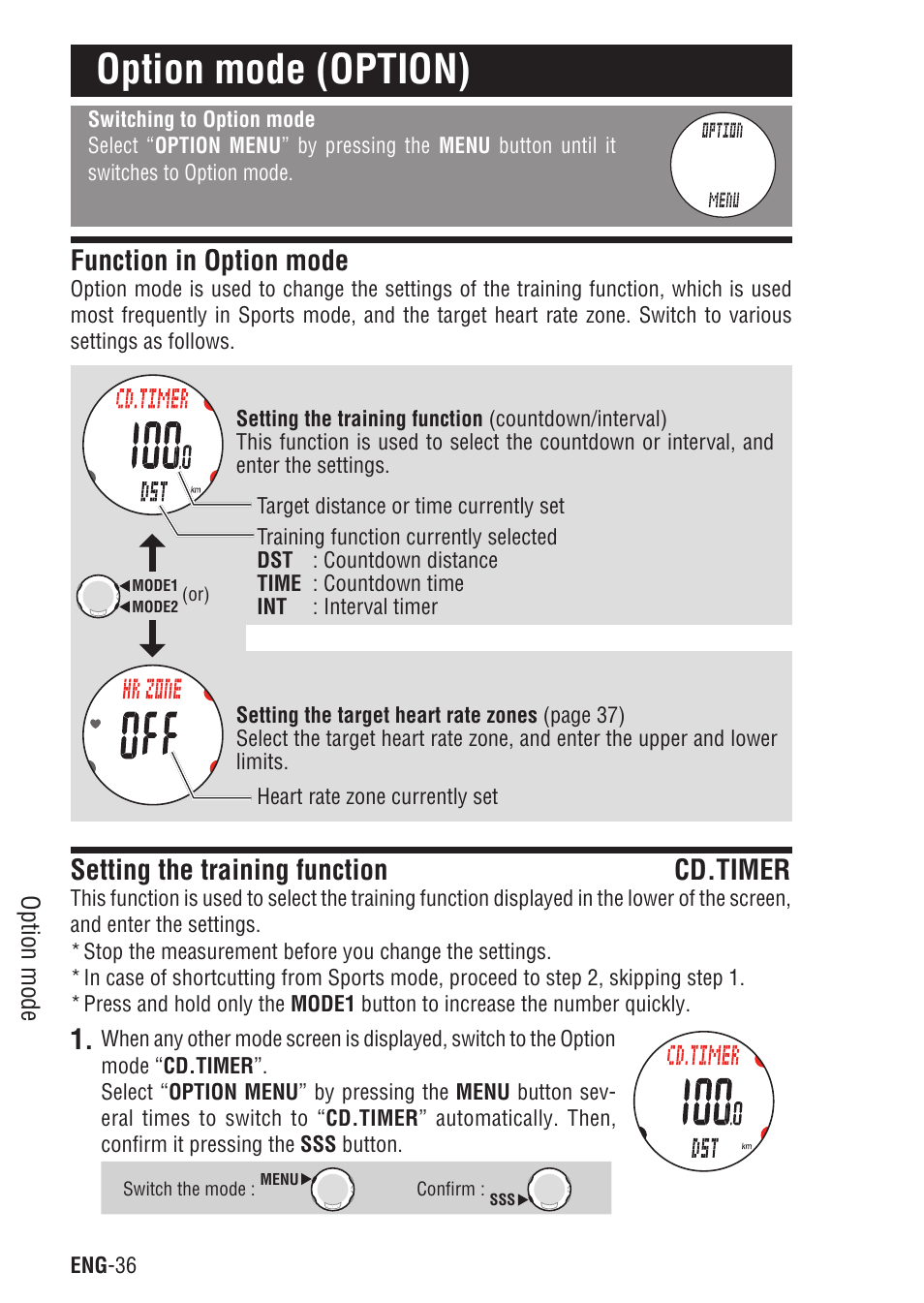 Option mode (option), Function in option mode, Setting the training function cd.timer | CatEye Q3A User Manual | Page 37 / 83