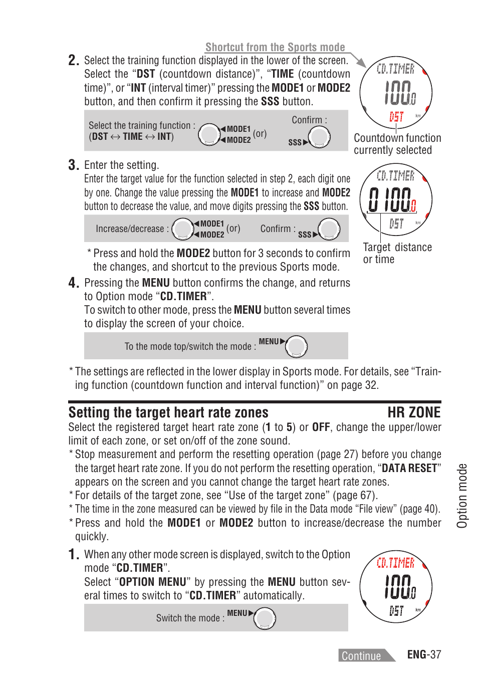 Setting the target heart rate zones hr zone, Setting the target heart rate, Zones | Option mode | CatEye Q3A User Manual | Page 38 / 83