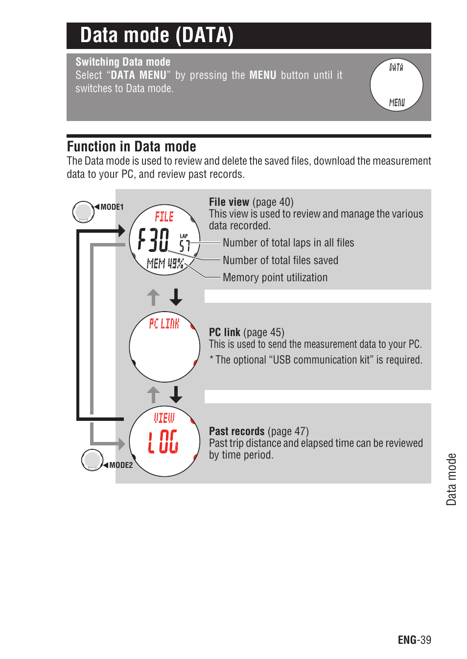 Data mode (data), Function in data mode | CatEye Q3A User Manual | Page 40 / 83