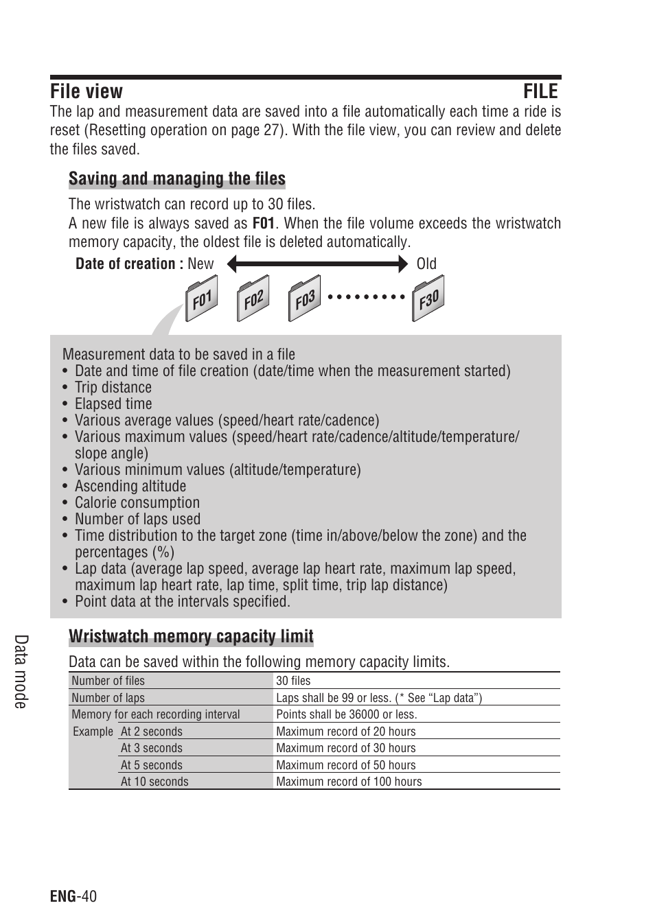 File view file, File view, Data mode | Saving and managing the files | CatEye Q3A User Manual | Page 41 / 83