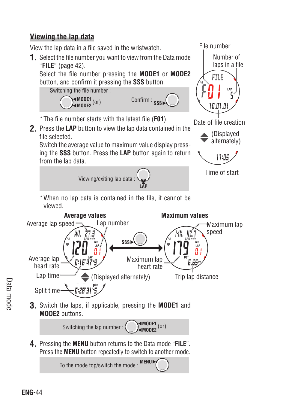 Data mode viewing the lap data | CatEye Q3A User Manual | Page 45 / 83