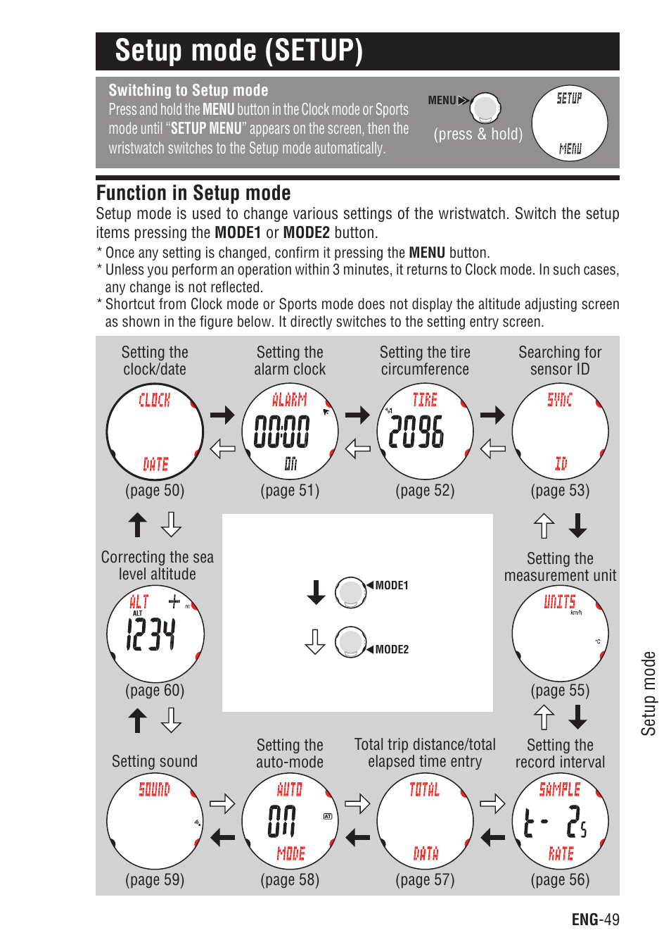 Setup mode (setup), Function in setup mode | CatEye Q3A User Manual | Page 50 / 83