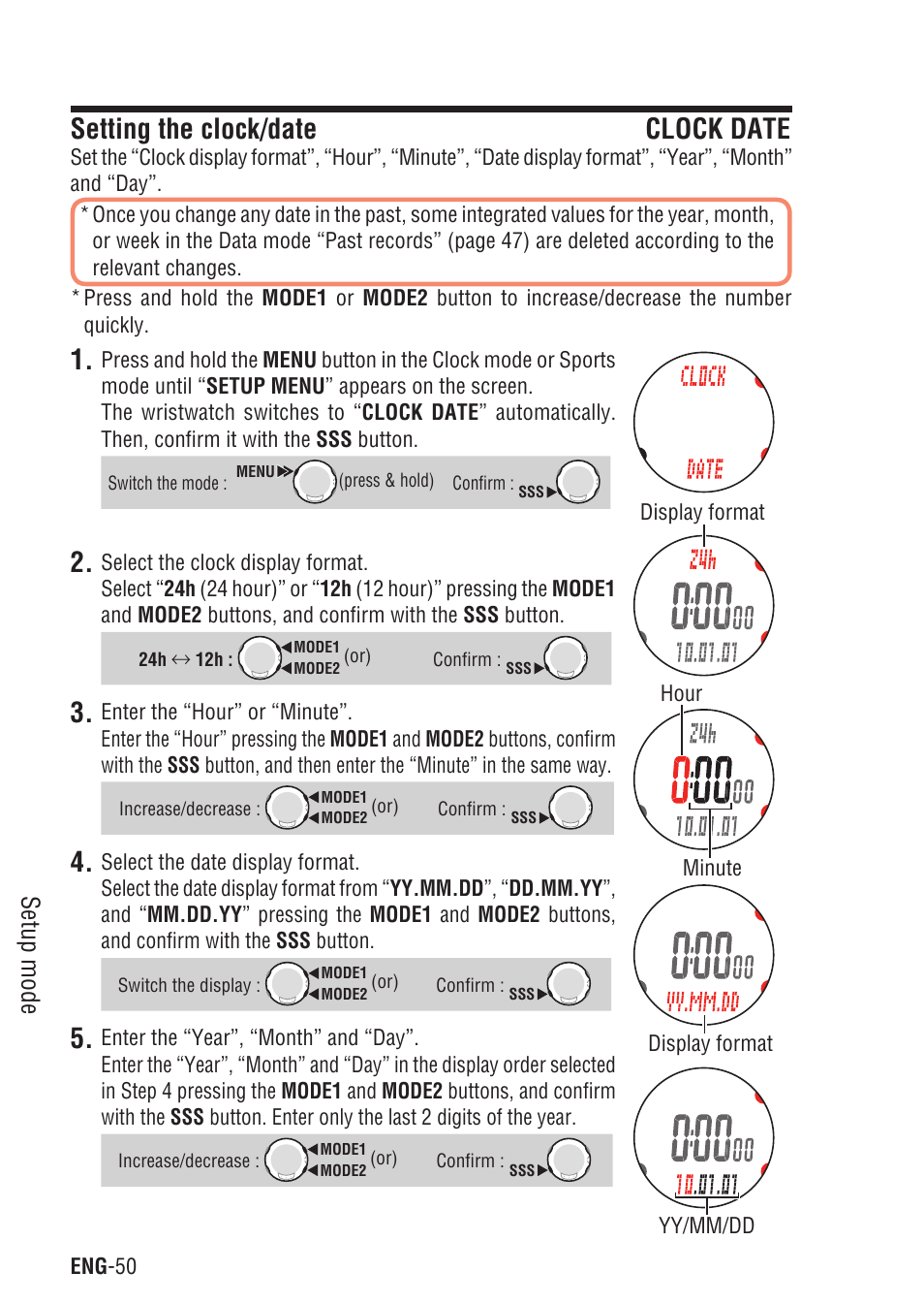 Setting the clock/date clock date, Setting the clock/date, Setup mode | CatEye Q3A User Manual | Page 51 / 83