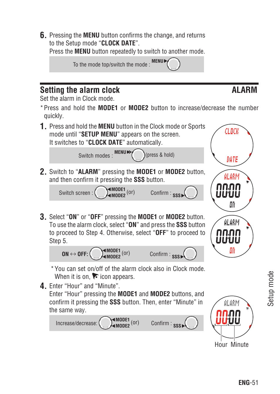 Setting the alarm clock alarm, Setting the alarm clock, Setup mode | CatEye Q3A User Manual | Page 52 / 83