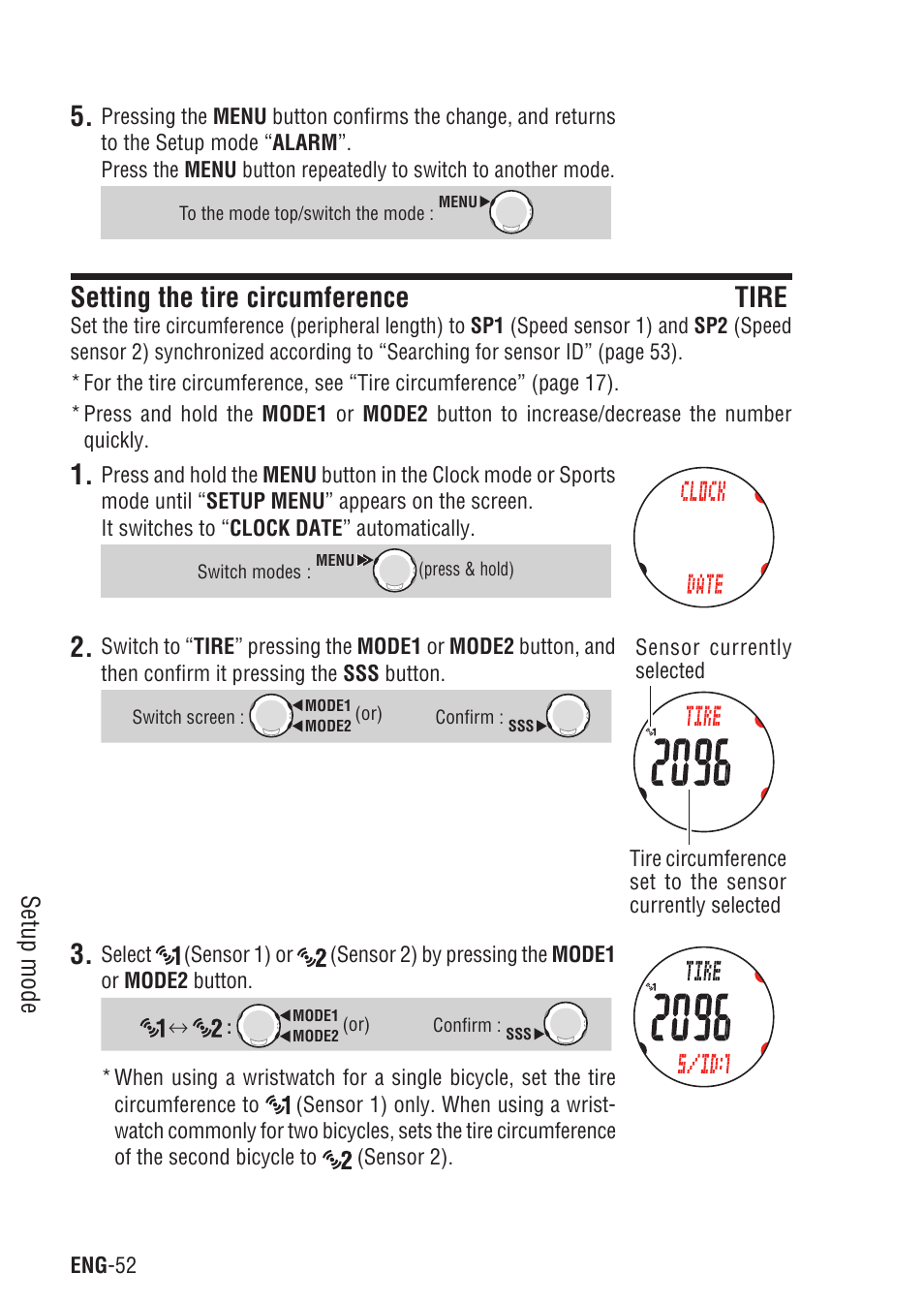 Setting the tire circumference tire, Setting the tire circumference, Setup mode | CatEye Q3A User Manual | Page 53 / 83