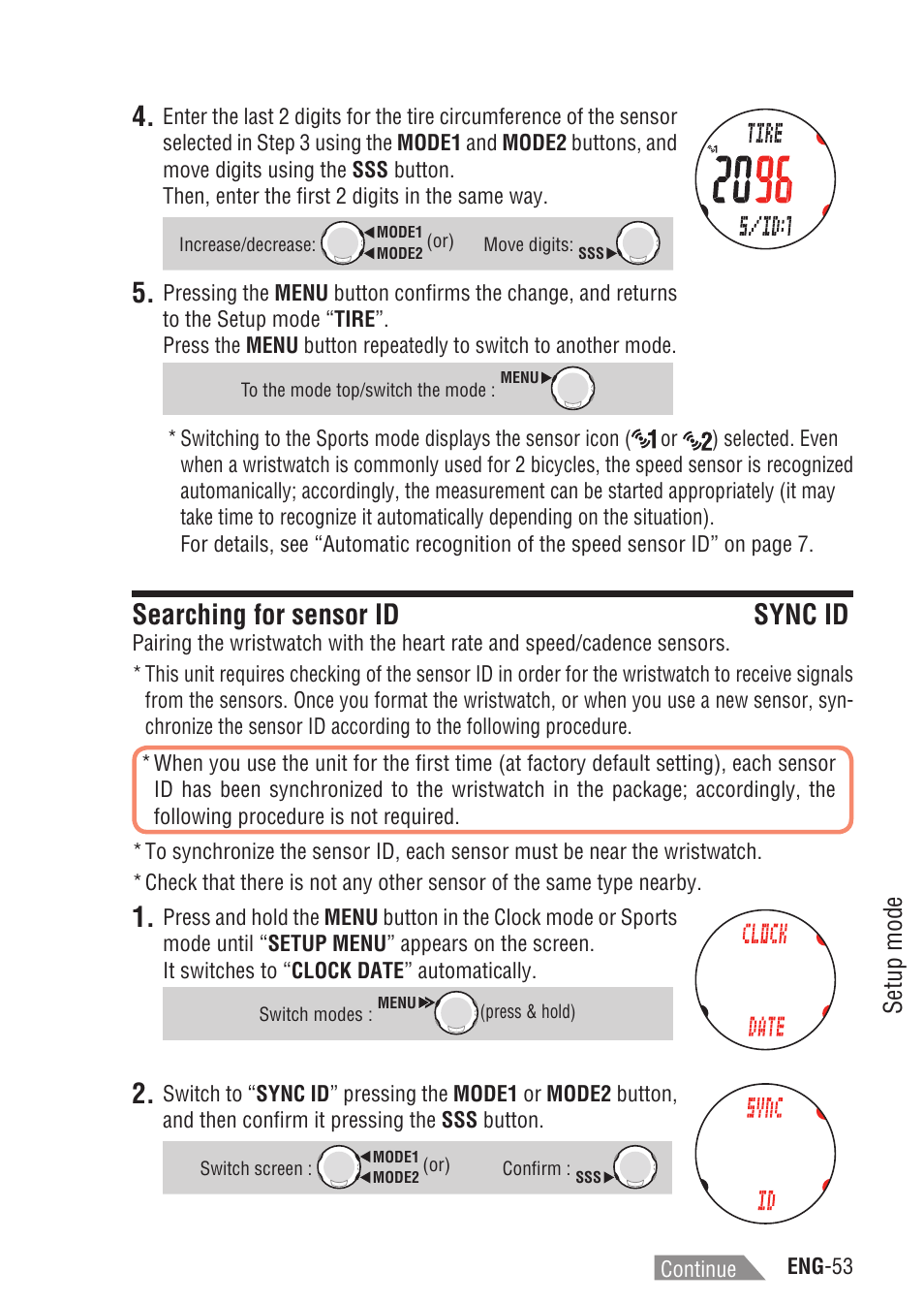 Searching for sensor id sync id, Searching for sensor id, Setup mode | CatEye Q3A User Manual | Page 54 / 83