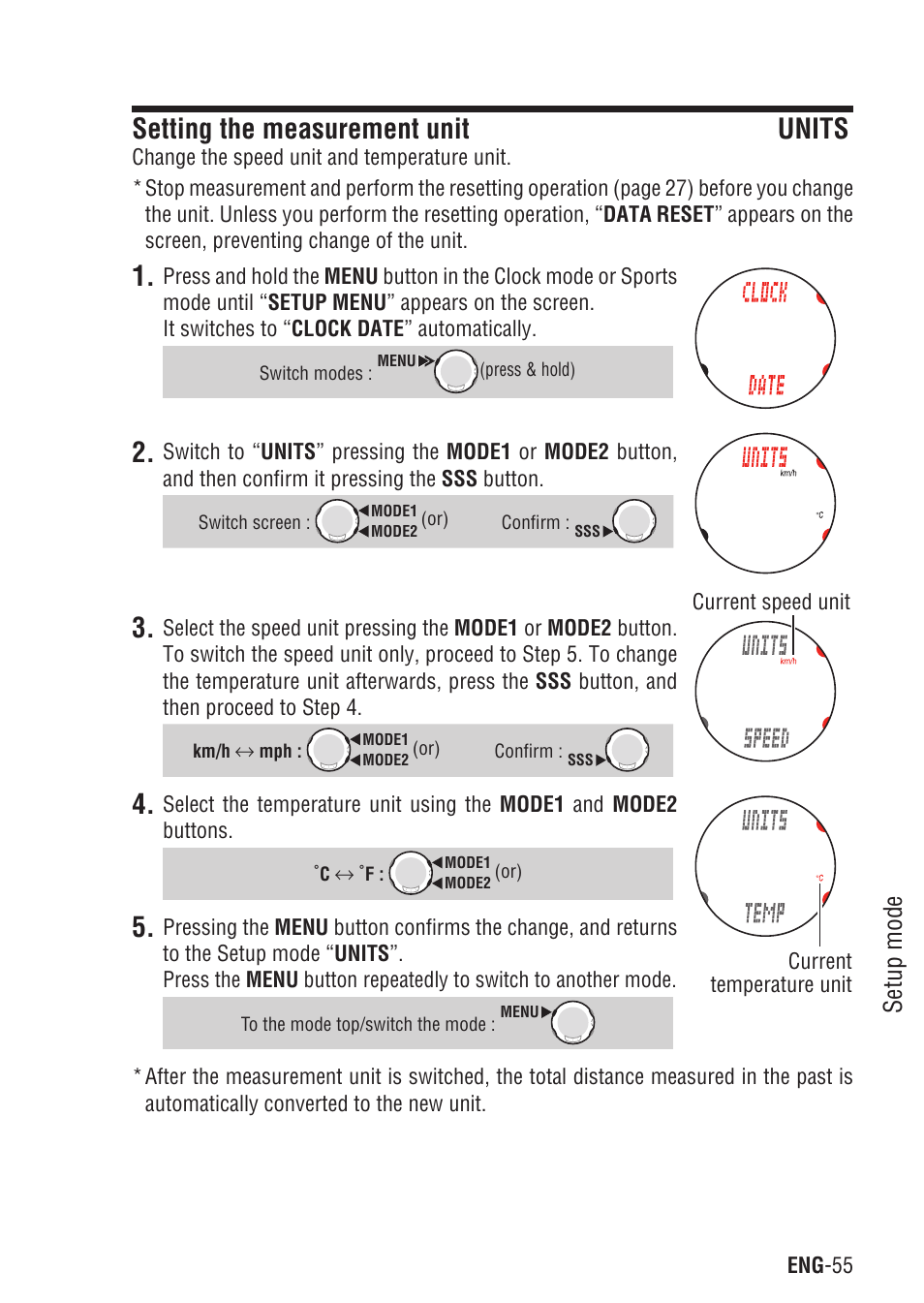 Setting the measurement unit units, Setting the measurement unit, Setup mode | CatEye Q3A User Manual | Page 56 / 83